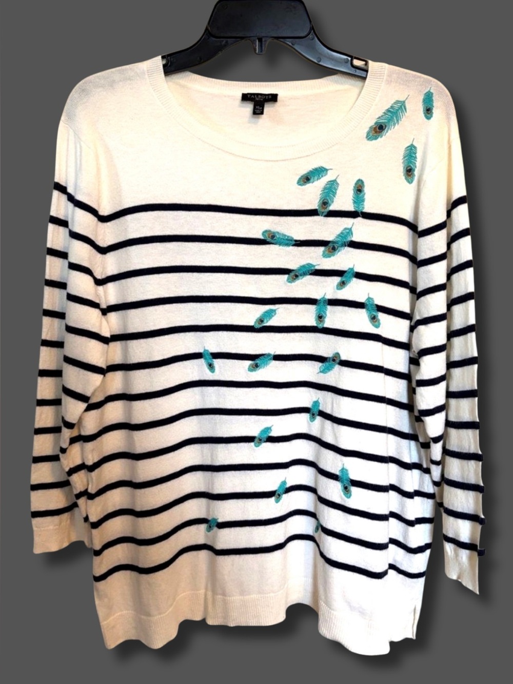 Talbots Petite XL Ivory Navy Striped Peacock Feather Embroidered Cotton Sweater